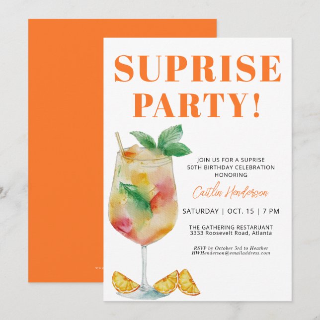  Orange Fun Drink Surprise 50th Birthday Invitation (Front/Back)