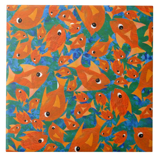 Orange Fun Fish on Blue Green Background Tile (Front)