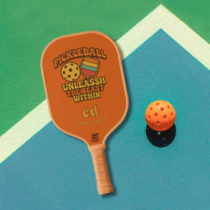 Orange fun quote retro monogram pickleball paddle