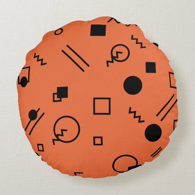 Orange, fun, trendy, geometric Memphis graphic Round Pillow (Back)