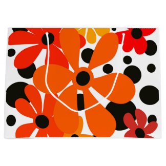 Orange funky flowers & black polka dots  large gift bag
