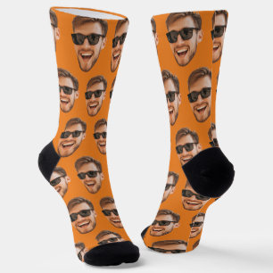 Orange Funny Custom Face Photo Crew Socks