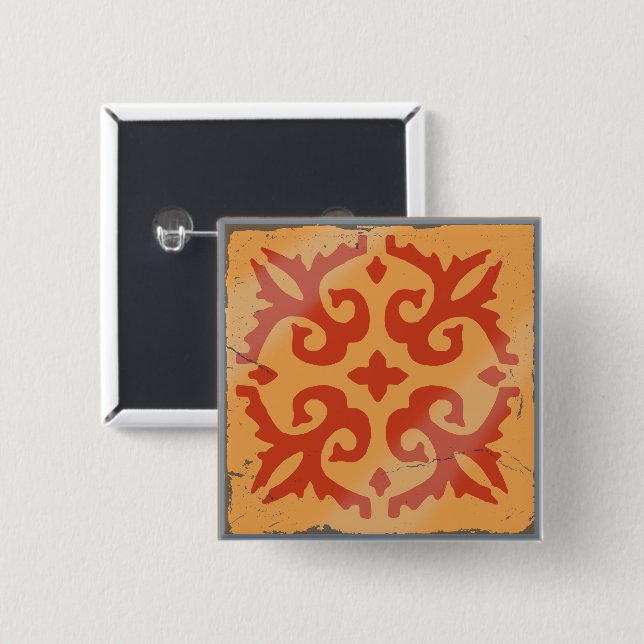 Orange Geometric Flower Spanish Tile Board Game 2 Inch Square Button (Front & Back)