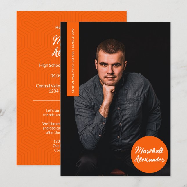 Orange Geometric Graduation Photo Invitation (Front/Back)