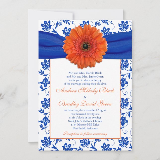 Orange Gerber Cobalt Floral Faire-part de mariage (Devant)