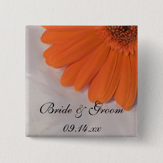 Orange Gerber Daisy and White Satin Wedding 2 Inch Square Button (Front)