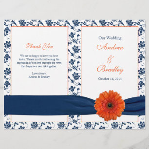 Orange Gerber Daisy Navy Mariage damassé Programme