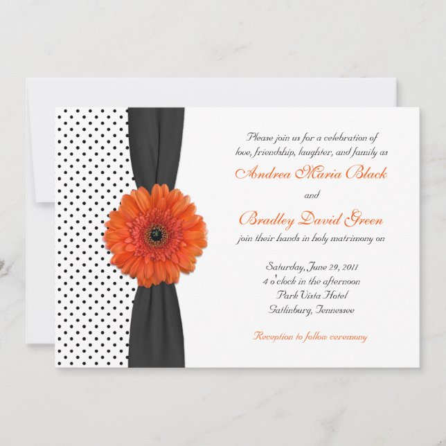 Orange Gerber Daisy Polka Dot Faire-part de mariag (Devant)