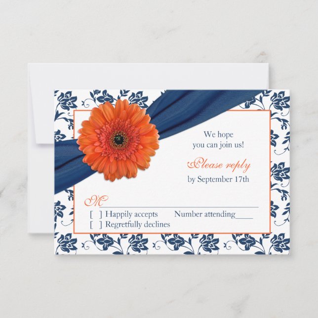 Orange Gerber Navy Blue Damask Floral Wedding RSVP (Devant)