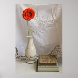 Orange gerbera and books poster