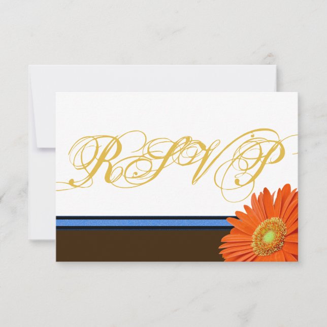 Orange Gerbera Brown bleu avec script or RSVP (Devant)