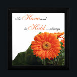 Orange Gerbera Daisy Anniversary Trinket Box<br><div class="desc">This customizable black and white jewellery box has a bunch of bright orange gerbera daisies on it, and the phrase "To have and to hold", which would make it an ideal wedding anniversary gift box for storing a surprise anniversary gift, or let it be the gift itself for your special...</div>