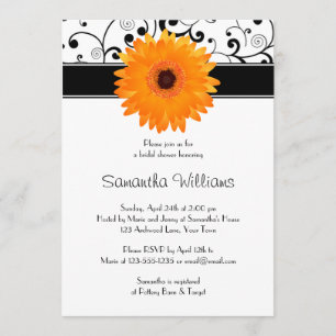 Orange Gerbera Daisy Black Scroll Bridal Shower Invitation