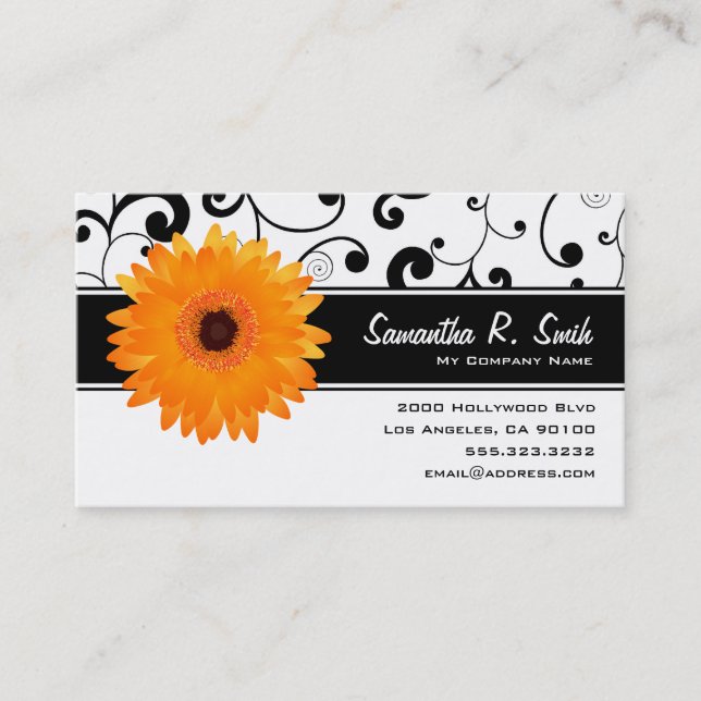 Orange Gerbera Daisy Black & White Scroll Business Card (Front)