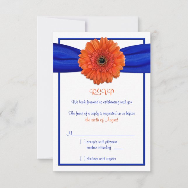 Orange Gerbera Daisy Blue Wedding Reply Card (Front)