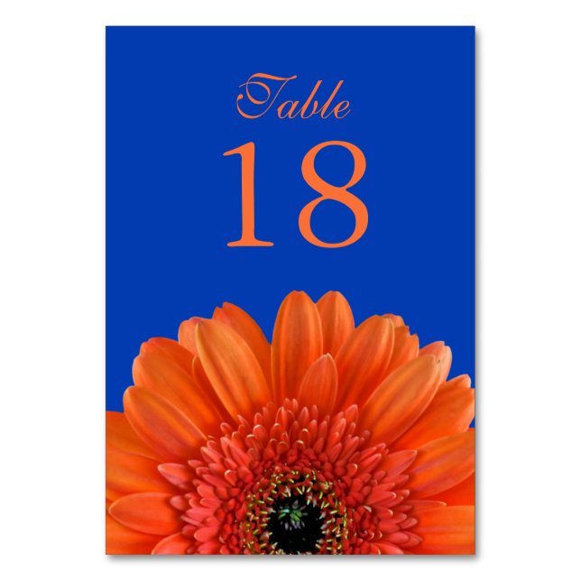 Orange Gerbera Daisy Royal Blue Wedding Table Number (Front)