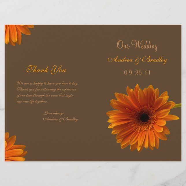 Orange Gerbera Daisy Wedding Programme (Devant)