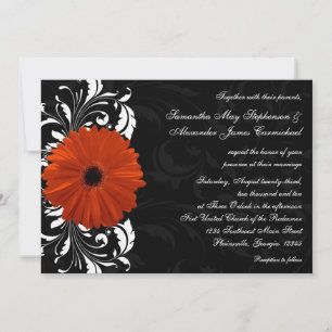 Orange Gerbera Daisy with Black and White Scroll Invitation