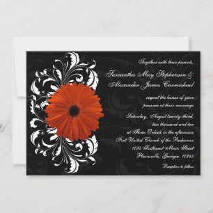 Orange Gerbera Daisy with Black and White Scroll Invitation