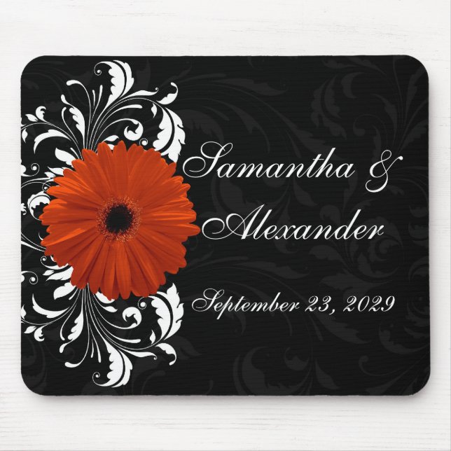 Orange Gerbera Daisy with Black and White Scroll Mouse Pad (Front)