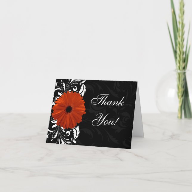 Orange Gerbera Daisy with Black and White Scroll Thank You Card (Front)