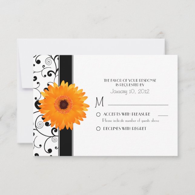 Orange Gerbera Daisy with Black Scroll Design RSVP Card (Front)