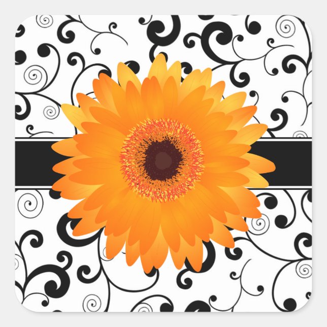 Orange Gerbera Daisy with Black Scroll Design Seal (Front)