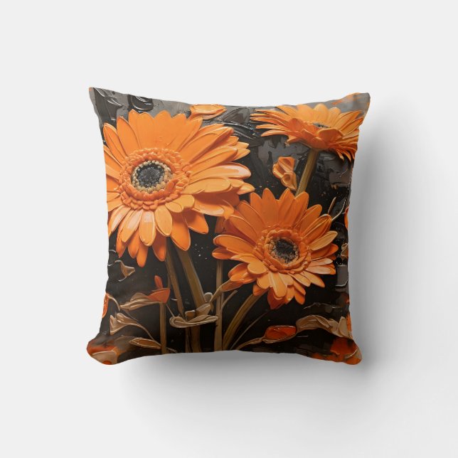 Orange Gerbera Flowers Painting Throw Pillow (Front)
