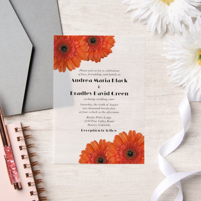 Orange Gerbera Gerber Daisy Flower Wedding Vellum Invitations (Wedding)