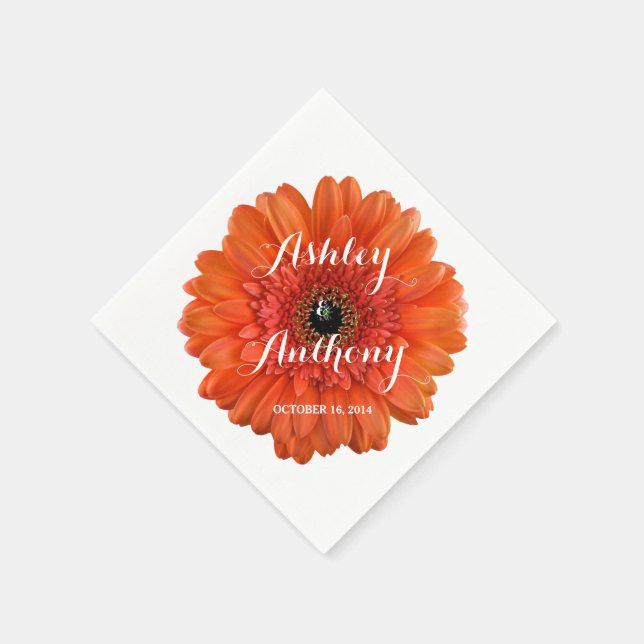 Orange Gerbera Gerber Daisy Personalized Wedding Napkin (Corner)