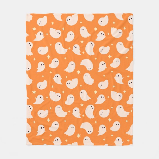 Orange Ghost Doodle Pattern Fleece Blanket (Front)