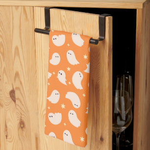 Orange Ghost Doodle Pattern Kitchen Towel