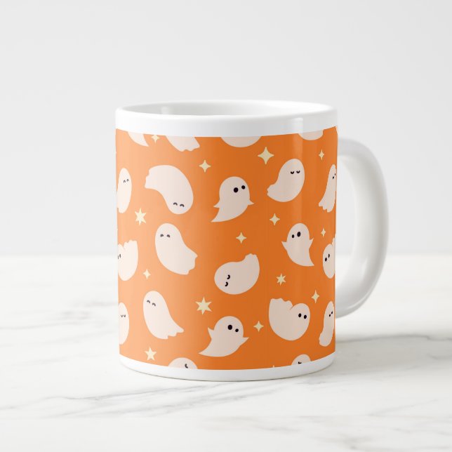 Orange Ghost Doodle Pattern Large Coffee Mug (Front Right)
