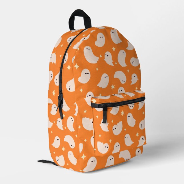 Orange Ghost Doodle Pattern Printed Backpack (Back Corner Left)