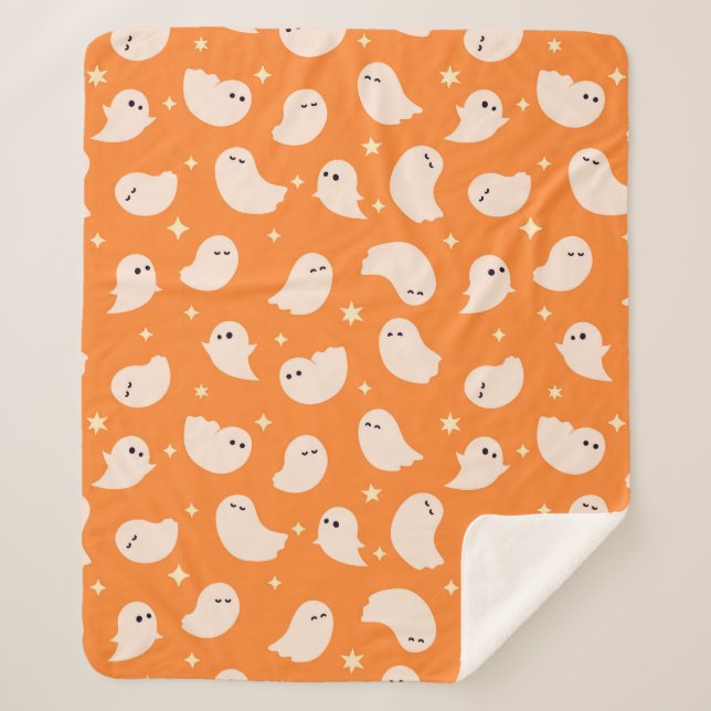 Orange Ghost Doodle Pattern Sherpa Blanket (Front)
