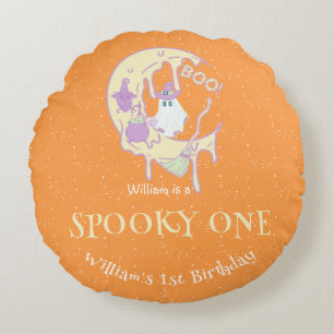 Orange Ghost Spooky One Boy Halloween Birthday Round Pillow