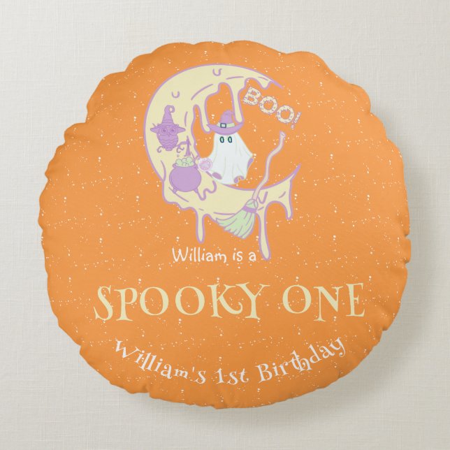 Orange Ghost Spooky One Boy Halloween Birthday Round Pillow (Front)