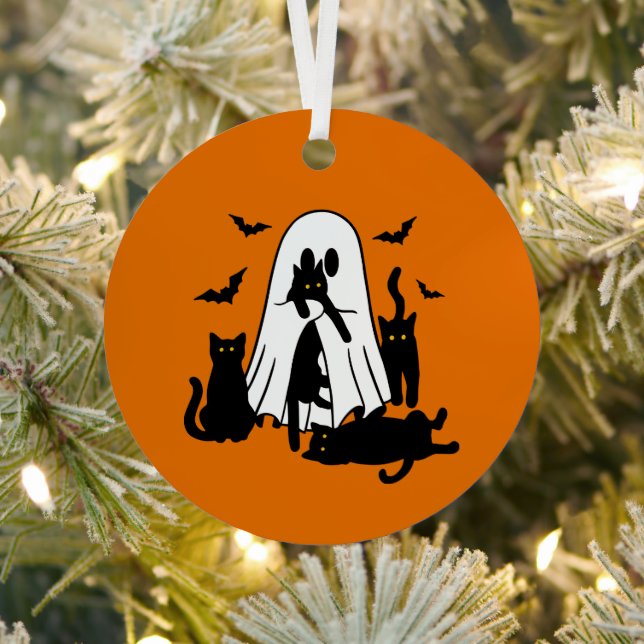 Orange Ghost with Cats Halloween Tree Ornament (Insitu)