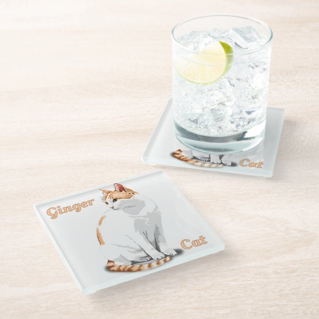 Orange Ginger and White Cat Personalized Glass Coaster (Angled)