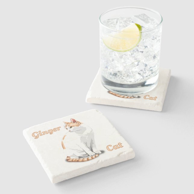 Orange Ginger and White Cat Personalized Stone Coaster (Side)