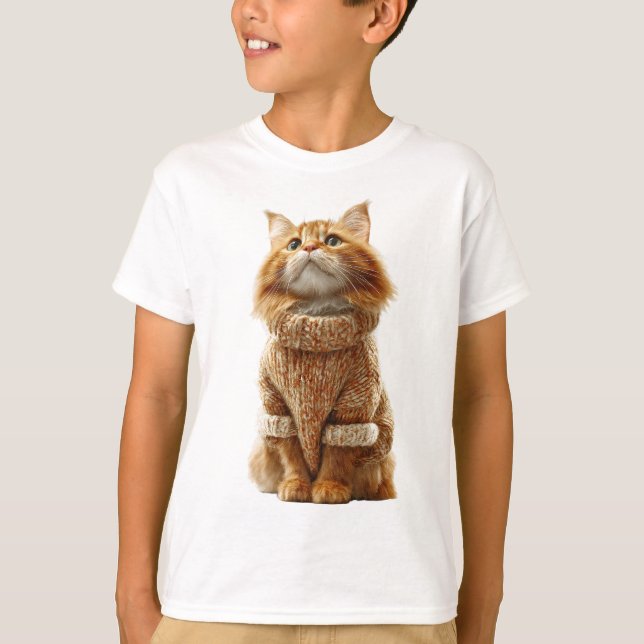 Orange Ginger Fluffy Cat in Knit Sweater Kids (Front)