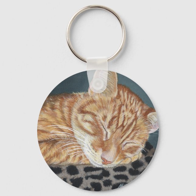 Orange Ginger Tabby Sleeping Cat Painting Art Keychain (Front)