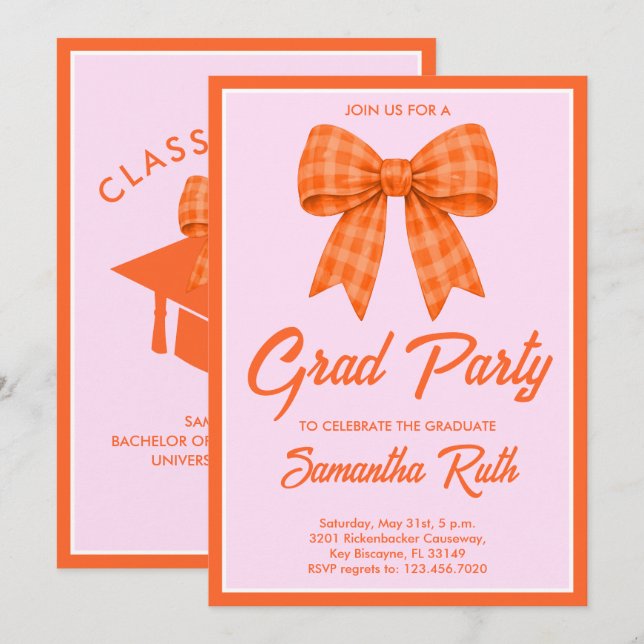 Orange Gingham Bow Graduation Party Invitation (Front/Back)