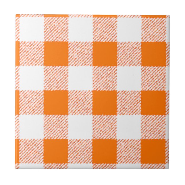 Orange Gingham Check Pattern Tile (Front)