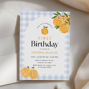 Orange Gingham Citrus 1st Birthday Invitation