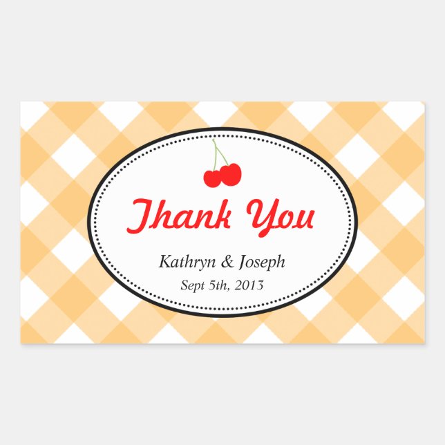 Orange gingham country picnic red cherry wedding sticker (Front)