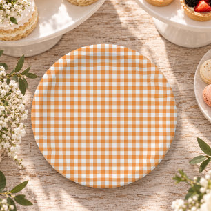 Orange Gingham Fall Pumpkin Party Paper Plate