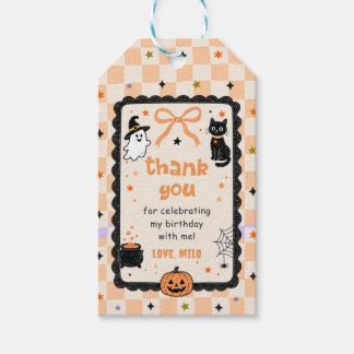 Orange Gingham Halloween Birthday Party Gift Tags