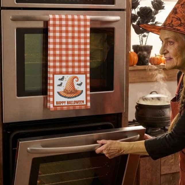 Orange Gingham Halloween Witch Hat and Bats Kitchen Towel (Creator Uploaded)