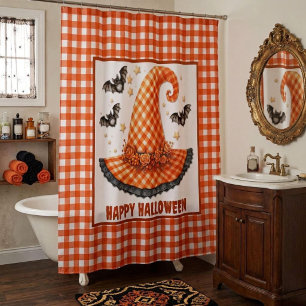 Orange Gingham Halloween Witch Hat & Bats